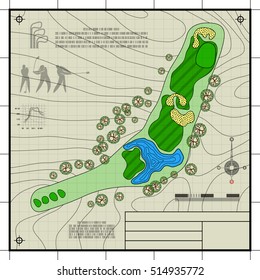 Golf Course Layout. Abstract Design Stylized Blueprint Technical Drawing Raster Background