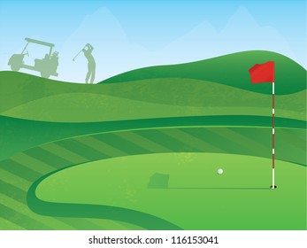 Golf Course Layout with Red Flag and Ball on the Green - Powered by Shutterstock