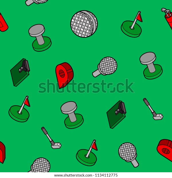 Golf flat outline isometric pattern. Includes\
such Icons as a Golf ball, hole, Golf car, field games, stick,\
sports uniforms, gloves,\
backpack