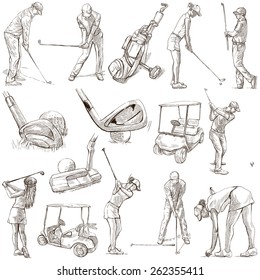 GOLF, Golfers, Golf impact positions and Golf Equipment. Collection of an hand drawn full sized illustrations (originals), pack no.2. Drawings on white background.