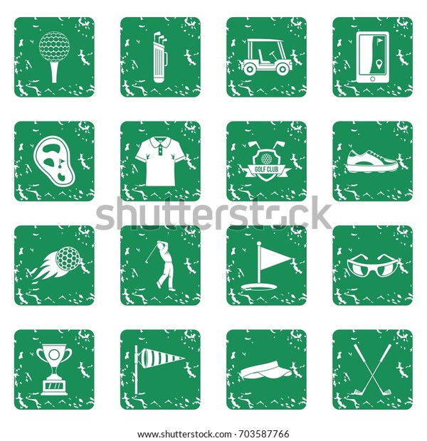 Golf items icons set in grunge style green\
isolated \
illustration
