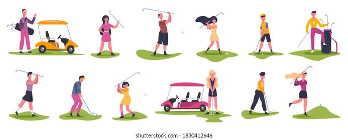 Golf people scenes. Male and female golfers, golf characters chase and hit ball, golfers playing outdoor sports  illustration icons set. Golfer play female and male, golf sport competition - Powered by Shutterstock