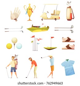 Golf Players And Accessories Retro Cartoon Icons Collection With Putting Flags Gloves And Trophy Isolated  Illustration  