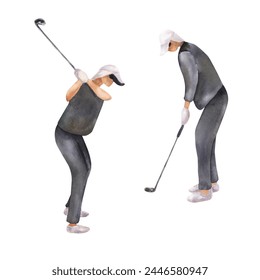 golf players in dark black clothes and white hat. neutral gender suitable for male and female golfers hitting ball. isolated different poses for outdoor sports or leisure activity. watercolour art - Powered by Shutterstock