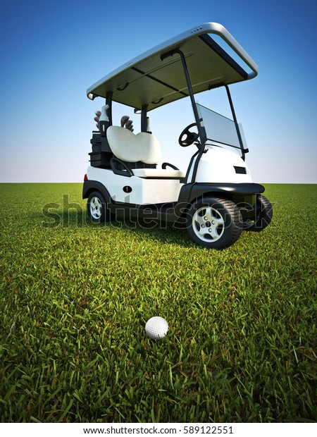 Golf scene with gold ball on the\
fairway and cart in the background. 3d rendering illustration\
