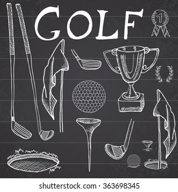 Golf Sport Hand Drawn Sketch Set Illustration With Golf Clubs, Ball, Tee, Hole With Flag, And Prize Cup, Drawing Doodles Elements Collection, On Chalkboard Background.