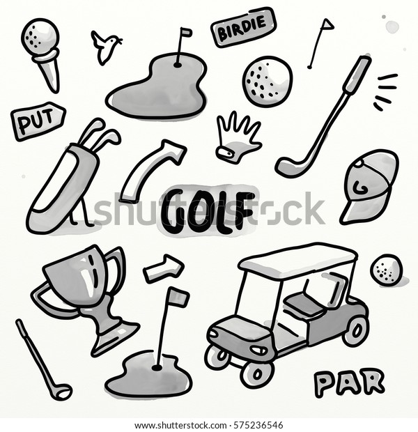 Golf\
sport set. Doodling sketch watercolor\
illustration