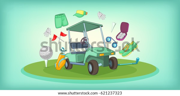 Golf symbols\
horizontal banner concept. Cartoon illustration of golf symbols \
horizontal banner for\
web
