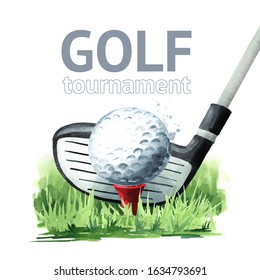 Golf tournament poster. Golf club and ball in grass. Hand drawn watercolor illustration, isolated on white background - Powered by Shutterstock