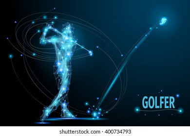 Golfer hits the ball in motion. Polygonal  golf player from futuristic shape. Thin line abstract polygonal blue. Wireframe cybernetic particles mesh. - Powered by Shutterstock