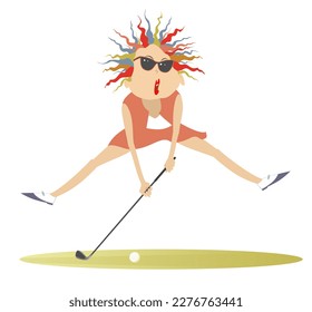 Golfer woman on the golf course. 
Funny golfer woman aiming to do a good shot. Isolated on white background
 - Powered by Shutterstock