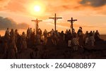 
Golgotha crucifixion of Jesus Christ, large crowd watching the crucifixion 3D render illustration