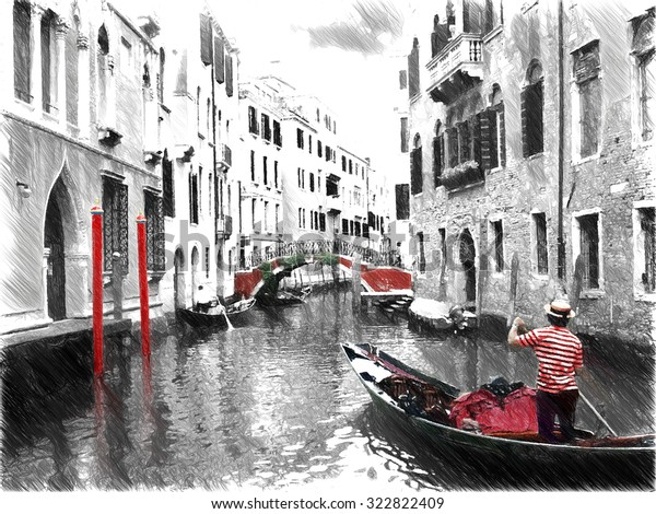 ベネチアの上にゴンドラ 描画内のデジタルイラスト スケッチスタイル のイラスト素材