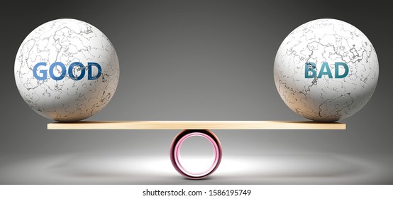 Good And Bad In Balance - Pictured As Balanced Balls On Scale That Symbolize Harmony And Equity Between Good And Bad That Is Good And Beneficial., 3d Illustration