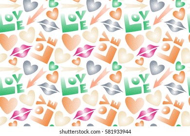 Good for cards, posters, wrapping paper. Hand drawn raster seamless pattern with XOXO in orange and magenta colors. Hipster symbols of arrow, hearts, kissing lips, love text on a white.