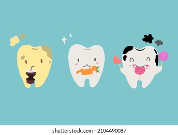 Good dental health partly from food choices and have to be sure to brush your teeth every day regularly, Yellow tooth, healthy tooth and decay tooth cartoon   - Powered by Shutterstock