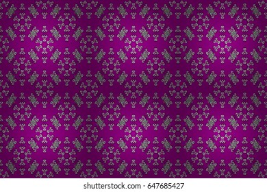 Good for greeting card for birthday, invitation or banner. Seamless medieval floral royal pattern. Decorative symmetry arabesque. Raster illustration. White on magenta background.