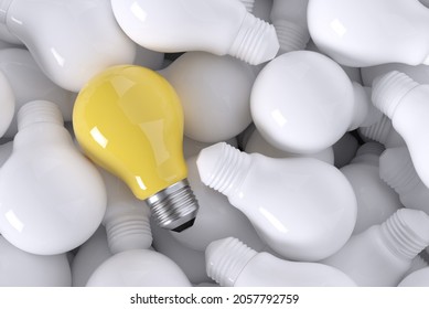 A Good Idea Among Bad Ideas. A Yellow Lightbulb Over Several Colorless Lightbulbs. 3D Render.