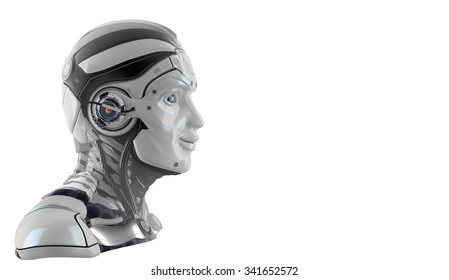 Good Mood Male Robot Head Closeup Portrait Side View. White Isolated Background For Your Design. Artificial Face Of Cybernetic Creature.