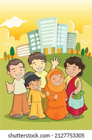 Good Neighbours Awareness Illustration. Happy Neighbours Talking, Waving, Greeting Each Other And Having Positive Relationship. Asian Neighbourhood Setting. 