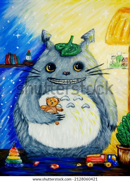 Good\
night friend. Tottoro. Night picture. Nightlight. Oil illustration.\
The famous character from the animated film \