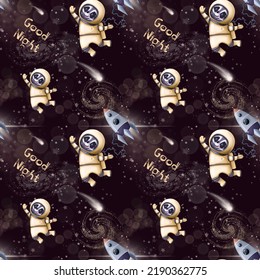 Good Night Seamless Pattern Design With Cute Astronaut, Wallpaper With Cartoon Character Good For Background And Print