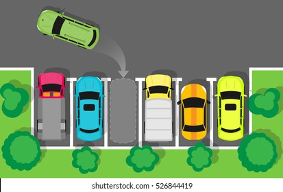 Good Parking. Car Parked In Appropriate Way. Intelligent Polite, Courteous, Civil Car Driver. Parking Zone Conceptual Web Banner. Respectful Driver In Parking Lot Or Car Park.  In Flat Style