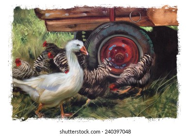 Goose And Chickens Farm Animals Painting