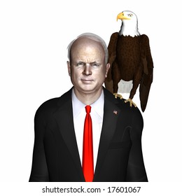 GOP Candidate with an American Bald eagle sitting on his shoulder. Isolated on a white background.