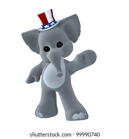 GOP Political Elephant Waving. Elephant Wearing A Red, White, And Blue Hat. Isolated On A White Background.