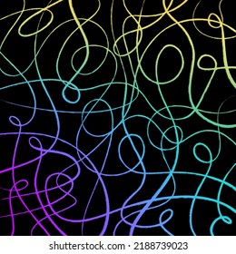 A gorgeous design of loops, swirls, and curvy lines on a black background. The lines are in a chalkboard-like texture and are a beautiful gradient rainbow color style.