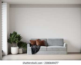 Gorgeous Living Room Interior Design. White Painted Empty Walls And A Small Gray Sofa With Brown Pillow. Lounge Space. Blank For Art, Modern Decor. Minimalist Style. 3d Rendering