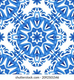 Gorgeous Seamless Blue Floral Watercolor Pattern Oriental Tiles. Floral Mandala. Azulejo Tile Design Arabesque Tiles