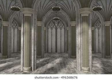 Gorgeous View Of Gothic Hall Interior 3d CG Illustration