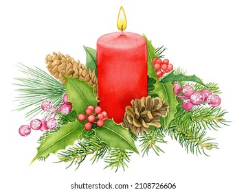 Gorgeous winter holiday composition with red candle, pine branches, pine cones, holly, evergreen, and pink berries watercolor hand paint illustration isolated on white background - Powered by Shutterstock