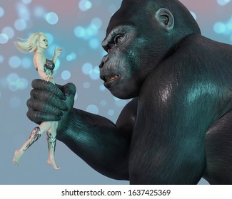 Stockillustration Med Gorilla Blonde Woman His Hand Computer