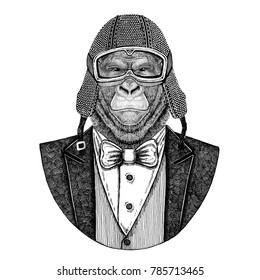 Gorilla, Monkey, Ape. Animal Wearing Jacket With Bow-tie And Biker Helmet Or Aviatior Helmet. Elegant Biker, Motorcycle Rider, Aviator. Image For Tattoo, T-shirt, Emblem, Badge, Logo, Patch