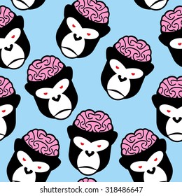 Gorilla Seamless Pattern. Monkey Brains. Ornament From Animals Head.

