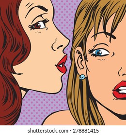 Gossips Whisper Of A Womans Ear. Emotional Reaction Men Pop Art Comics Retro Style Halftone. Imitation Of Old Illustrations