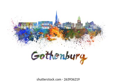 Gothenburg skyline in watercolor splatters with clipping path