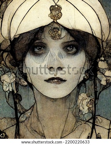 gothic art nouveau skeleton lady elegant and beautiful watercolor