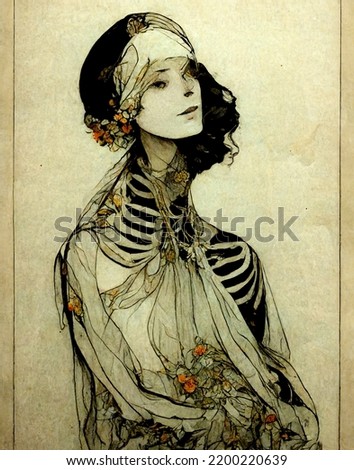 gothic art nouveau skeleton lady elegant and beautiful watercolor