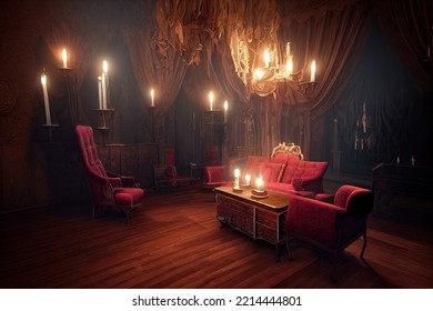 Gothic Atmosphere Inside Of An Ancient Vampire Castle Living Room With Table, Sofa And Lounge Chairs By Candlesticks. 3D Illustration And Adventure Games Background.