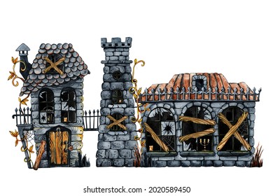 Gothic Castle Clipart, Halloween Horrible House And Dark Windows. Hand Drawn Watercolor Illustration Isolated On White White. Haunted House, Landscape, Landscape For Halloween Holiday Design