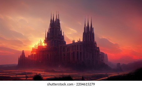 A Gothic Cathedral On A Hill, Cinematic Sunset