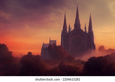 A Gothic Cathedral On A Hill, Cinematic Sunset