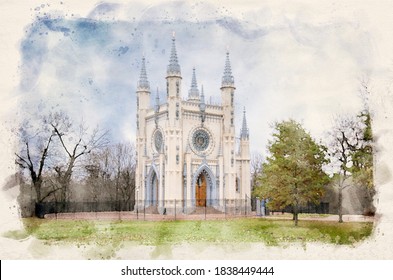 Gothic Chapel In Peterhof, Saint Petersburg, Russia Or The Church Of Holy Blessed Grand Duke Alexander Nevsky. Watercolor Sketch Painting