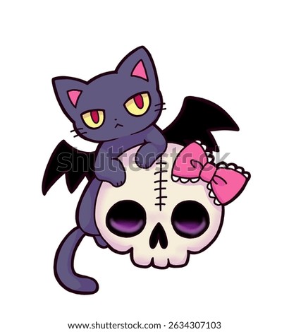 Gothic Cute Black Cat with Devil Wings and Skull with Ribbon in Yami Kawaii Horror Style