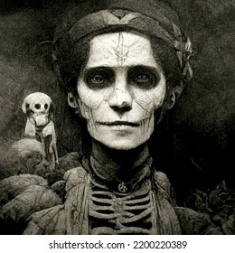 Gothic Dark Art Skeleton Woman Archaic Alchemy Lady Death