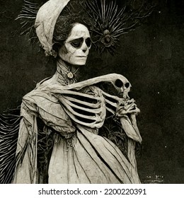 Gothic Dark Art Skeleton Woman Archaic Alchemy Lady Death